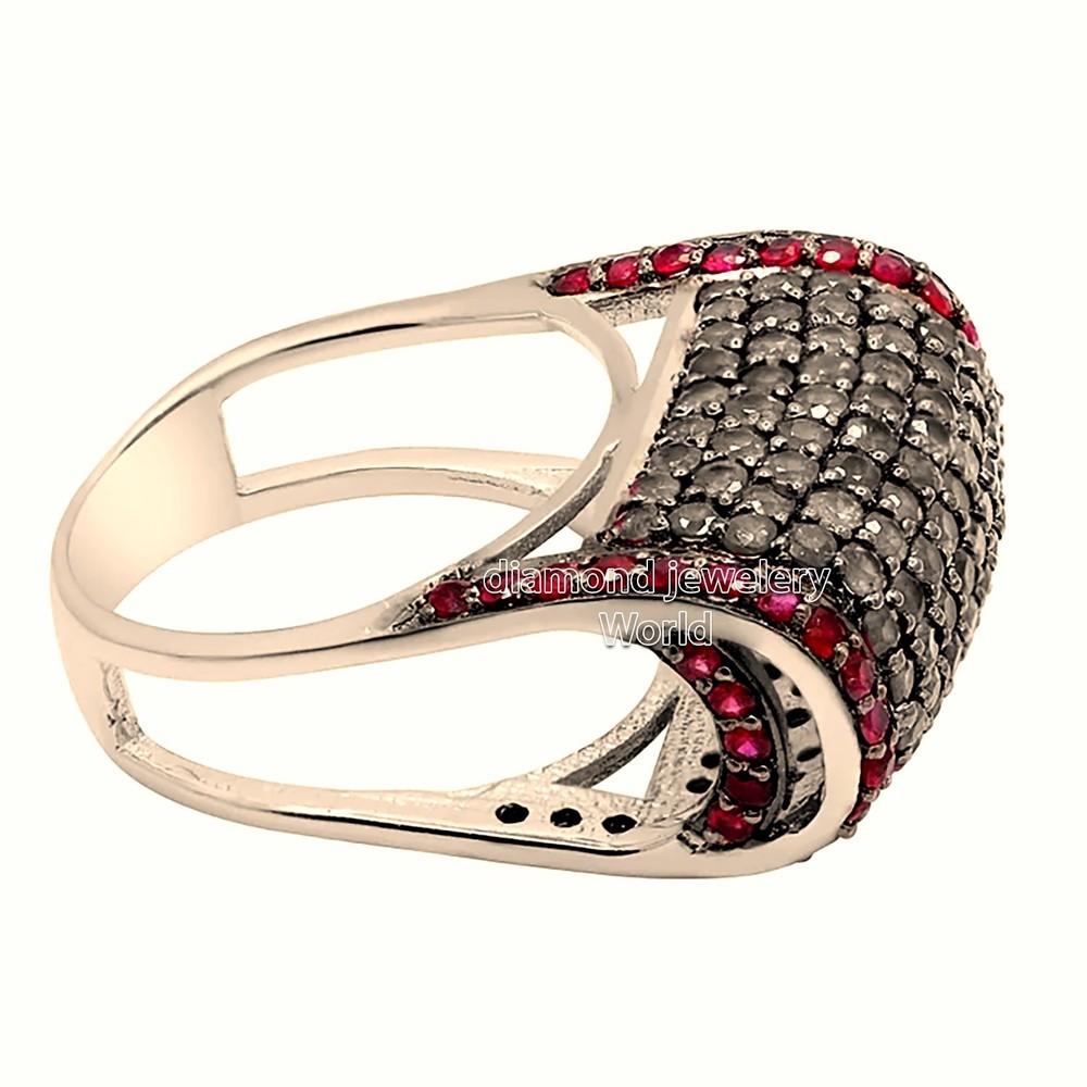 Vintage Style 2.59ctw Rose Cut Diamond Ruby Studded Silver Gorgeous Ring Jewelry