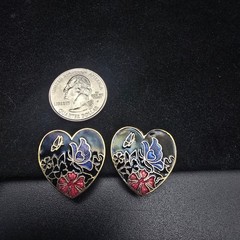 Cloisonne Butterfly Heart Earrings Enamel Black Purple Vintage Jewelry