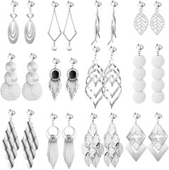 12 Pair Clip on Earrings Dangle Drop Dangle Earrings Set Bohemian Silver