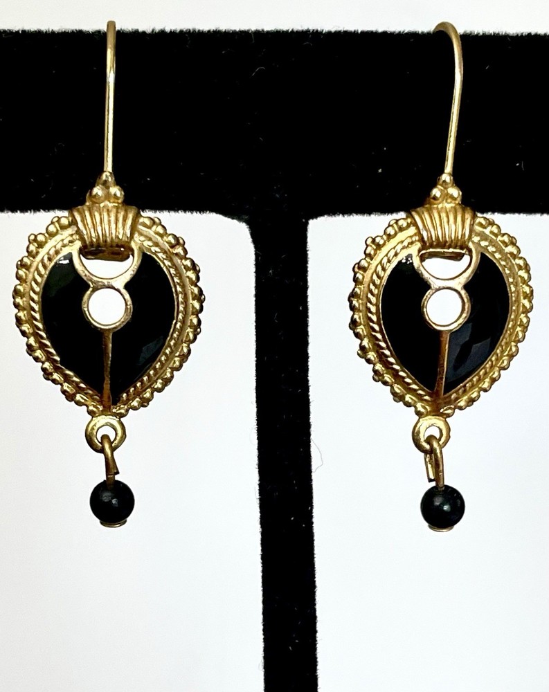 Vintage Edgar Berebi Black & Gold Enamel Earrings Art Deco Victorian Gothic Chic