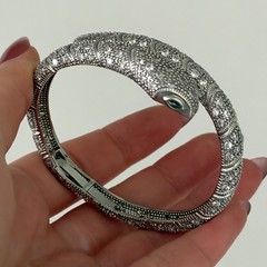 Snake Serpent Bracelet Clear CZ Green Eyed Silver Tone Sparkly Hinged Bangle