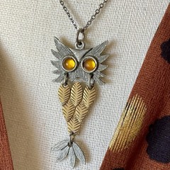 Vintage Owl Necklace Articulated Silver & Gold Tone Miniature Bird Boho Jewelry