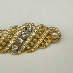 Vintage Brooch Clear Rhinestones Faux Pearls Gold Tone Swirls 2.5 Inches