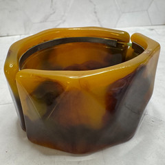 Vintage Lucite Cuff Bracelet Faux Tortoise Metal Panel Wide Modernist Sculptural