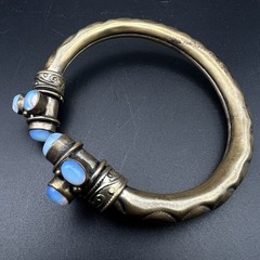 Vintage Brass Open Bangle Cuff Bracelet Blue Opalite Cabochons Boho Tribal