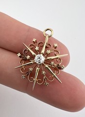 Antique 14K Yellow Gold .25ct Old European Cut Diamond Starburst Brooch Pendant