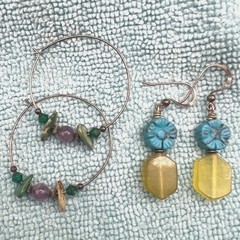Vintage Artisan Wire Earrings 2 Pr Dangle Hoop Stones