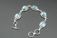 925 Sterling Mexico Oval Link Faceted Blue Glass Tennis Bracelet W/ Toggle Clasp