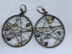 ESTATE SILVER TONE FAUX PEARL DREAM CATCHER LOOP HOOP WIRE DANGLE EARRINGS