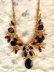Juliana Book Piece Tigers Eye Rhinestone Necklace Brooch Earring Set
