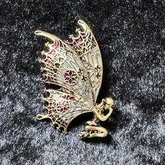 Praying Fairy Brooch Butterfly Wings Red Green White Enamel on Gold Tone Metal