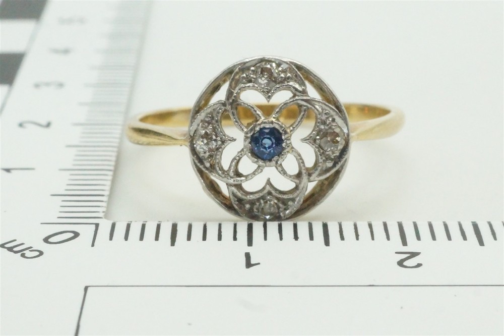 PRETTY ANTIQUE ENGLISH 18K GOLD DIAMOND SAPPHIRE RING c1930 NO RESERVE