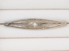 14K Gold Vintage Art Deco Filigree Bar Pin with Diamond Brooch Long Elongated
