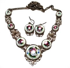 Vintage Unique Russian Enamel Hand Painted Jewelry Set Earrings & Necklace #29a