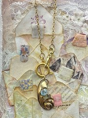 Vintage 12k GF Pocket Watch Chain FOB Necklace, Dog Clip, Blue Aquamarine Glass