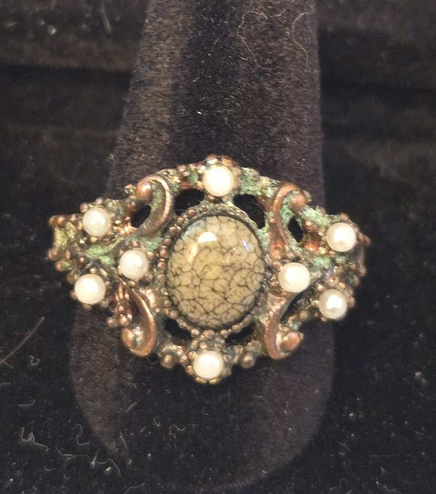 Vintage Costume Jewelry Copper Marbel Lke Stone Faux Pearls Scroll Work Ring