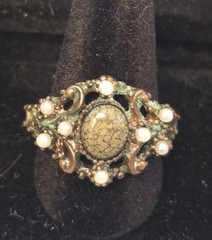 Vintage Costume Jewelry Copper Marbel Lke Stone Faux Pearls Scroll Work Ring