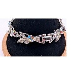 Vintage AB Rhinestone Leaf Bracelet Silver Tone Floral Link Mid Century Jewelry