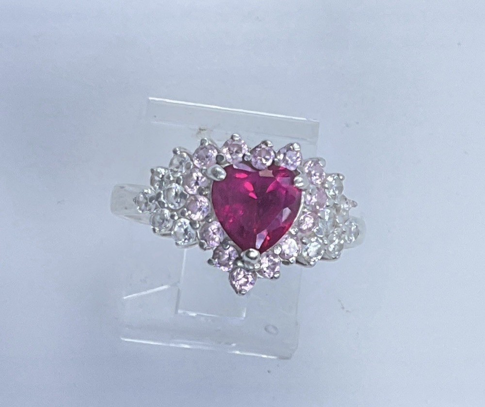 Vintage Heart Shaped Pinkish Red & Clear Cubic Zirconia Sterling Ring Size 9 1/4
