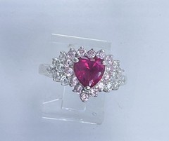 Vintage Heart Shaped Pinkish Red & Clear Cubic Zirconia Sterling Ring Size 9 1/4