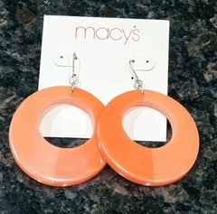 Macy’s Earrings Orange Circle Dangle Drop 80’s style silver tone Vintage 2.5 in