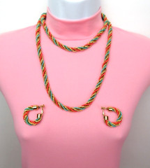 VTG 1950s 60s DOUBLE STRAND EGYPTIAN REVIVAL RUNWAY NECKLACE & EARRINGS GOLDEN