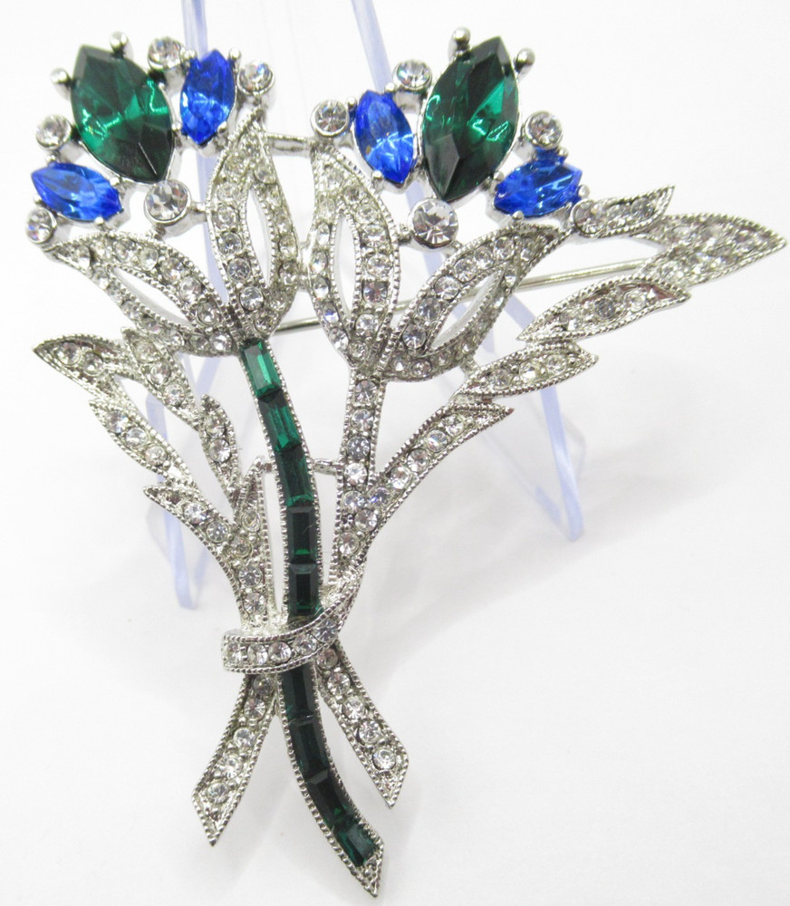 Eisenberg Ice Signed Blue Green Rhinestone Brooch Tulips Flowers Bouquet Spray