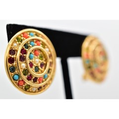 D’orlan Vintage Clip Earrings Round Cabochon Coral Turquoise Gold Signed BinBF