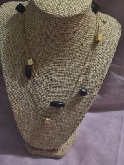 Vintage Long Gold-Tone Station Necklace with Black Acrylic Beads And Gold Cubes