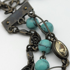 Vintage Charm Chain Bracelet Brass-Tone Crystal Faux-Turquoise And Pearl 8.5 In