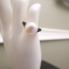Art Deco ring QVC white pearl black crystals 925 sterling silver signet Size 5
