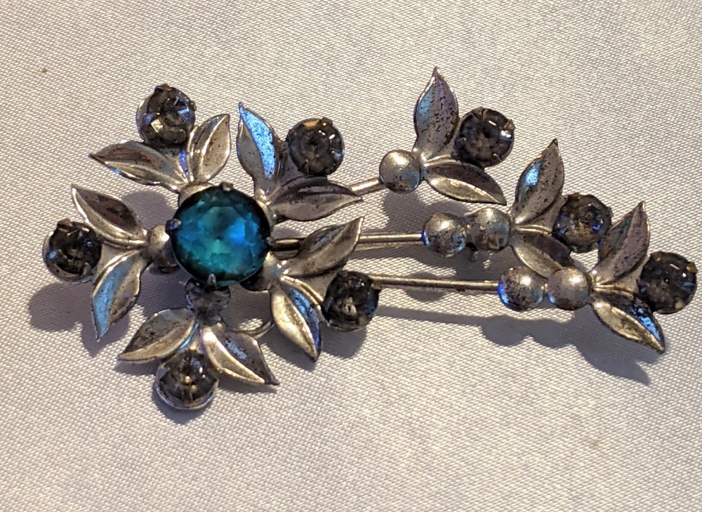 Lot Of 2 VTG Floral Brooches Pins Sterling Silver And Gold Tone Blue Crystals