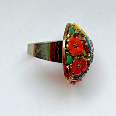 Vintage Enamel Butterfly Flowers Rhinestone Dome Statement Cocktail Ring Sz 7