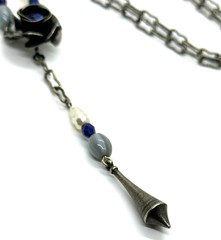 Artisan Gothic Rose Necklace Y Drop Blue Crystal Oxidized Silver Tone