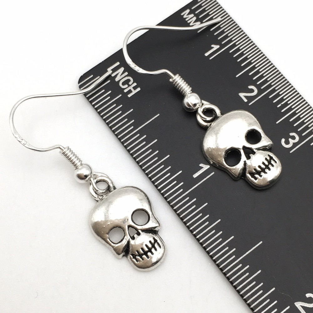 Silver Tone Costume Goth Skull Hook Dangle Earrings #25
