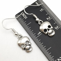 Silver Tone Costume Goth Skull Hook Dangle Earrings #25