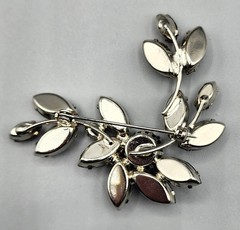 Vintage Jet Black Rhinestone Brooch Leaf Floral Prong Set Silver Tone 2.5″