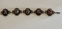 Vintage Lucite Oval Shaped Red Confetti Cabochons Silver Plated Metal Bracelet