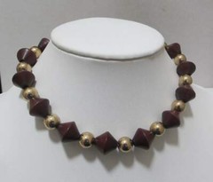 Vtg WOOD Dark Brown Bi-Cone Beads Gold Tone Round Beads Necklace Max 16”