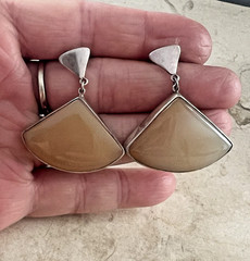 Vintage 950 Sterling Silver Fan Agate Stone Drop Dangle Earrings