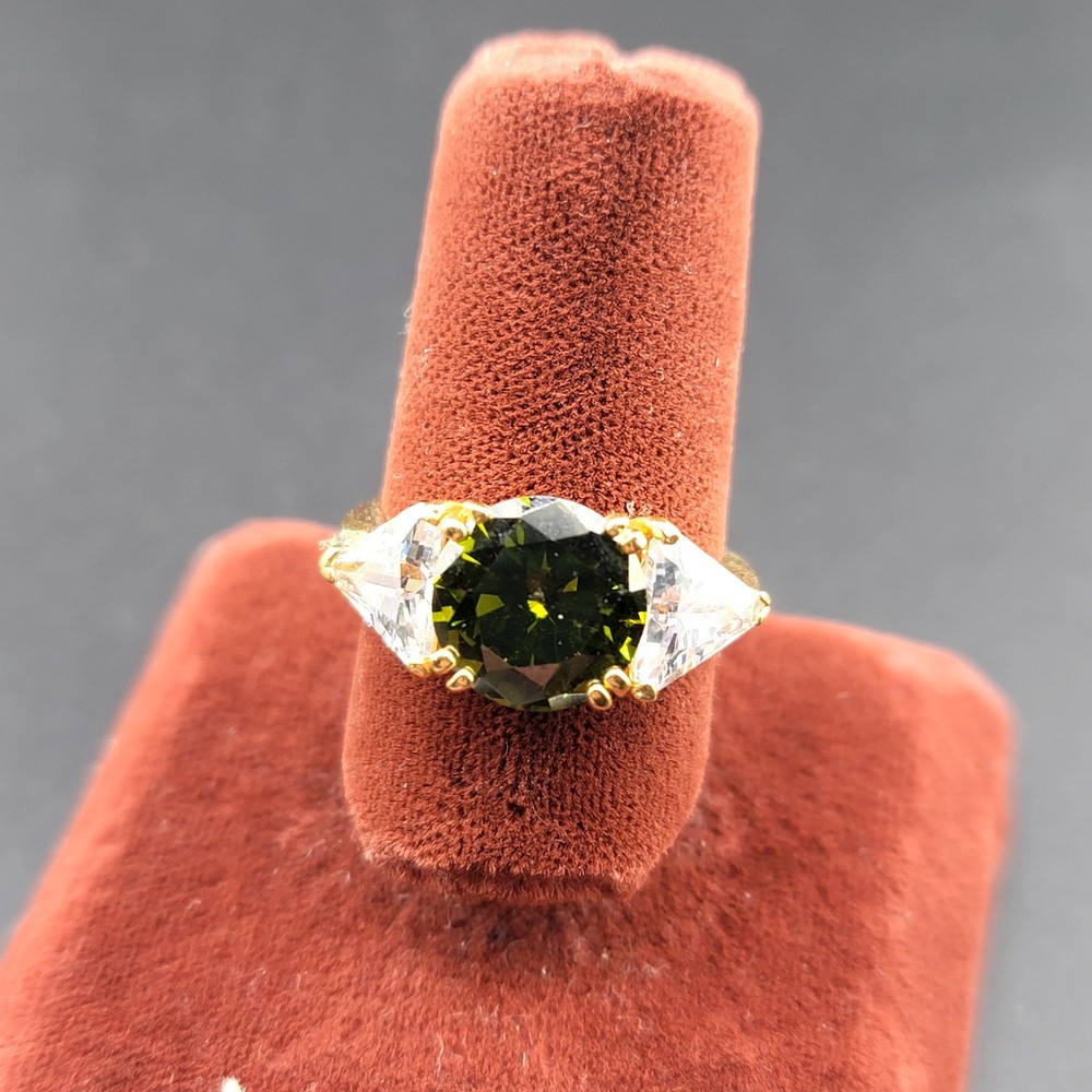 Vtg Sz 7 Ring J Green Cubic Zirconia Clear Triangles Designer Fashion Jewelry