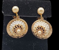 Vintage Pinwheel Faux Pearl Drop Screw Back Earrings Dangle Etched Gold Plated
