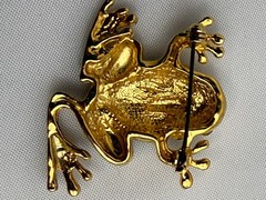 Vintage Green Blue Enamel Frog Brooch Gold Tone Rhinestone Eyes Figural Pin