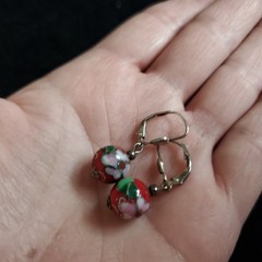 Vintage Cloisonne Earrings Dangle Floral Sterling Silver Red Pink 10mm Bead