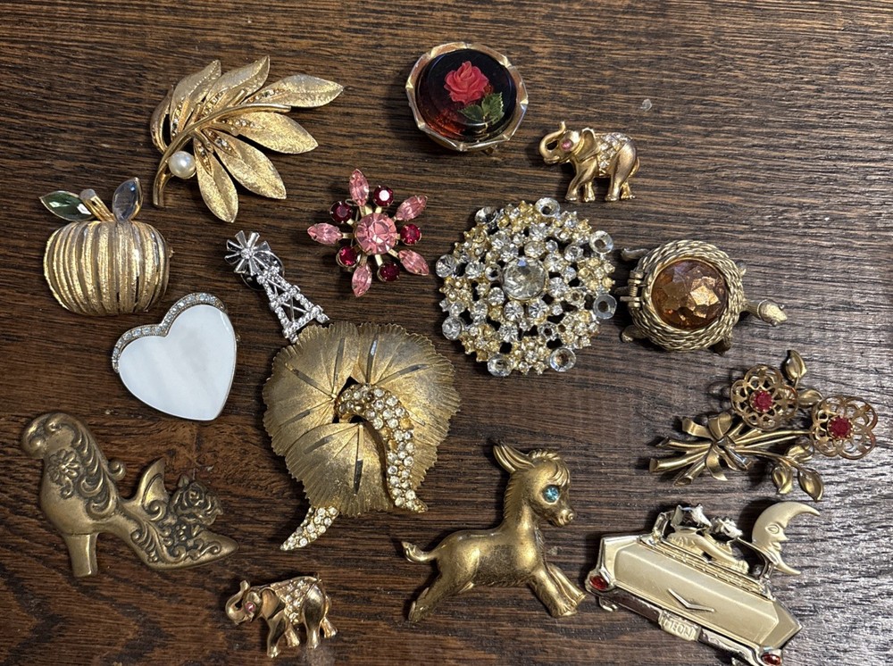 Vintage Pin Brooch Jewelry Lot 15 Piece Assorted Brooches Rhinestones Crystals