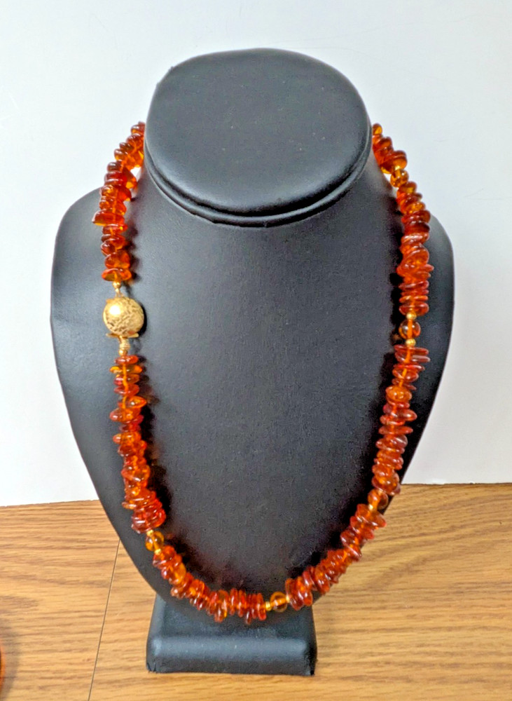 Vintage Genuine Baltic Amber Necklace Chip Cognac Gold Filigree Box Clasp 20”
