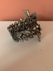 Vintage Blackened Silver Toned Butterfly Rhinestone Hinged Cuff Bracelet