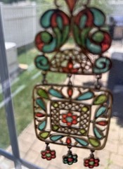 Trifari Plique a Jour Necklace Gold Tone Red Green Stained Glass Pendant Vintage