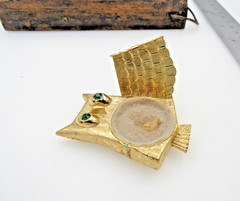 Vintage Jewelled Owl Pin Green Rhinestone Gold Perfume New Old Stock in Box A2