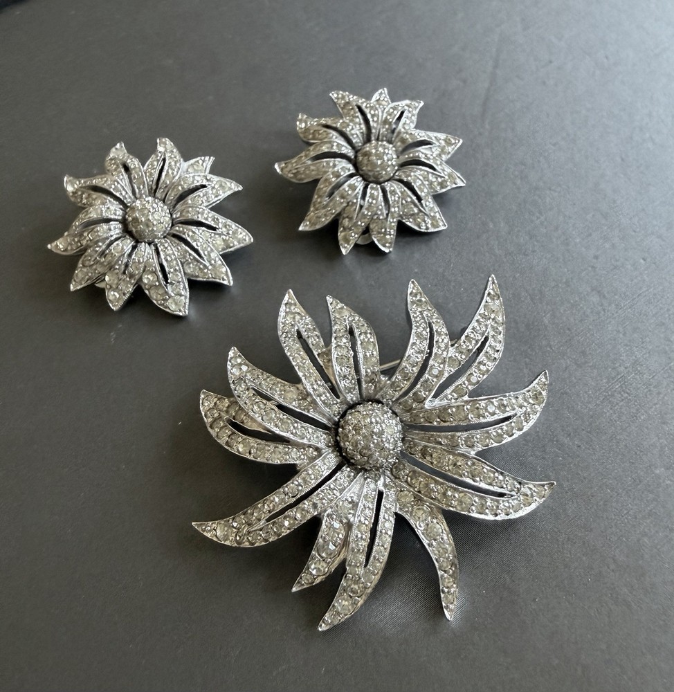 Vintage 1950s Jomaz Pave Rhinestone Flower Brooch & Earrings Set